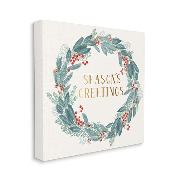Stupell Industries Winter Foliage Red Holly Wreath Season's Greetings Typography Botanical & Floral Painting Gallery Wrapped Canvas Print Wall Art, 24 x 24