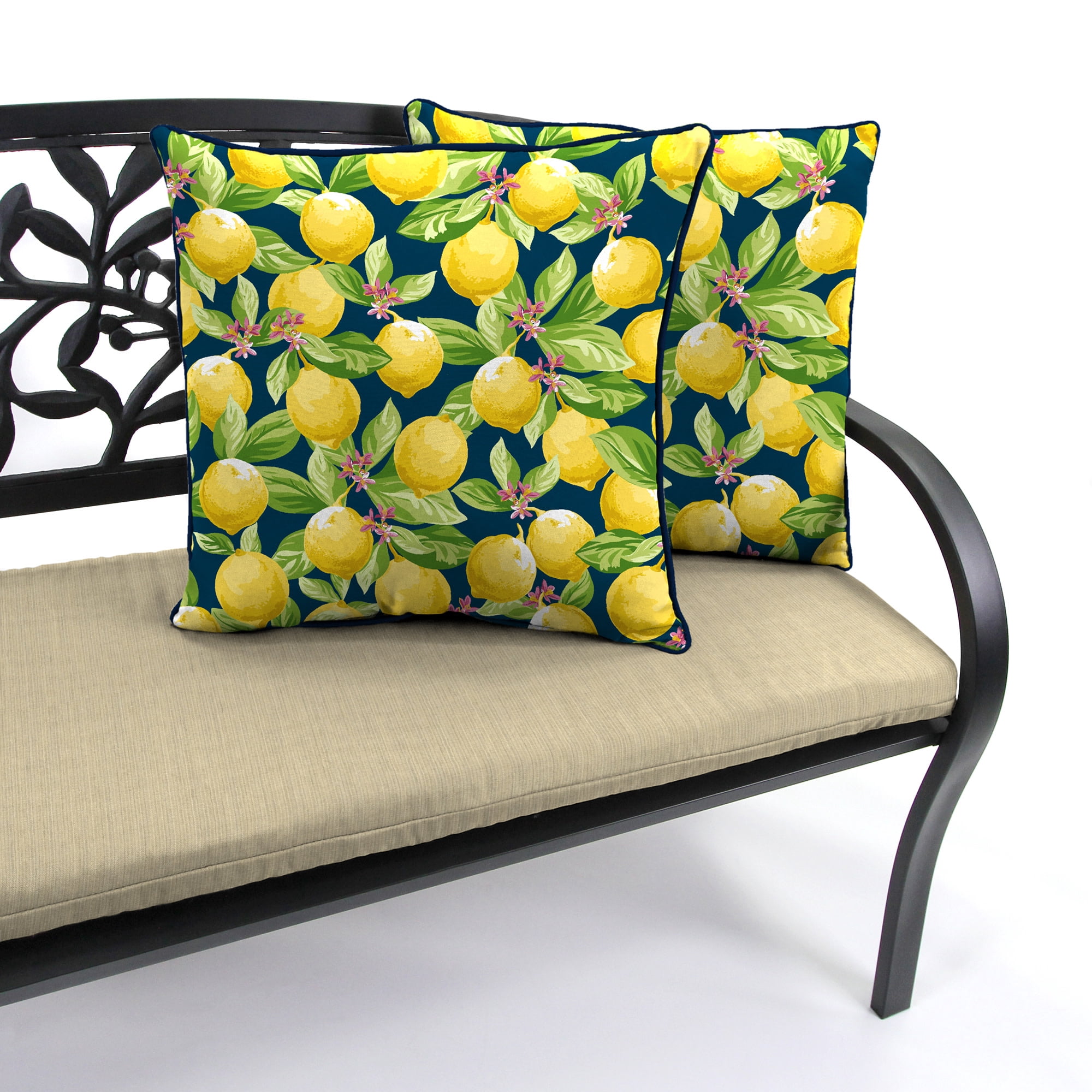 Jordan Manufacturing 16" x 16" Lemons Navy Fruit Square Outdoor Throw Pillow with Welt