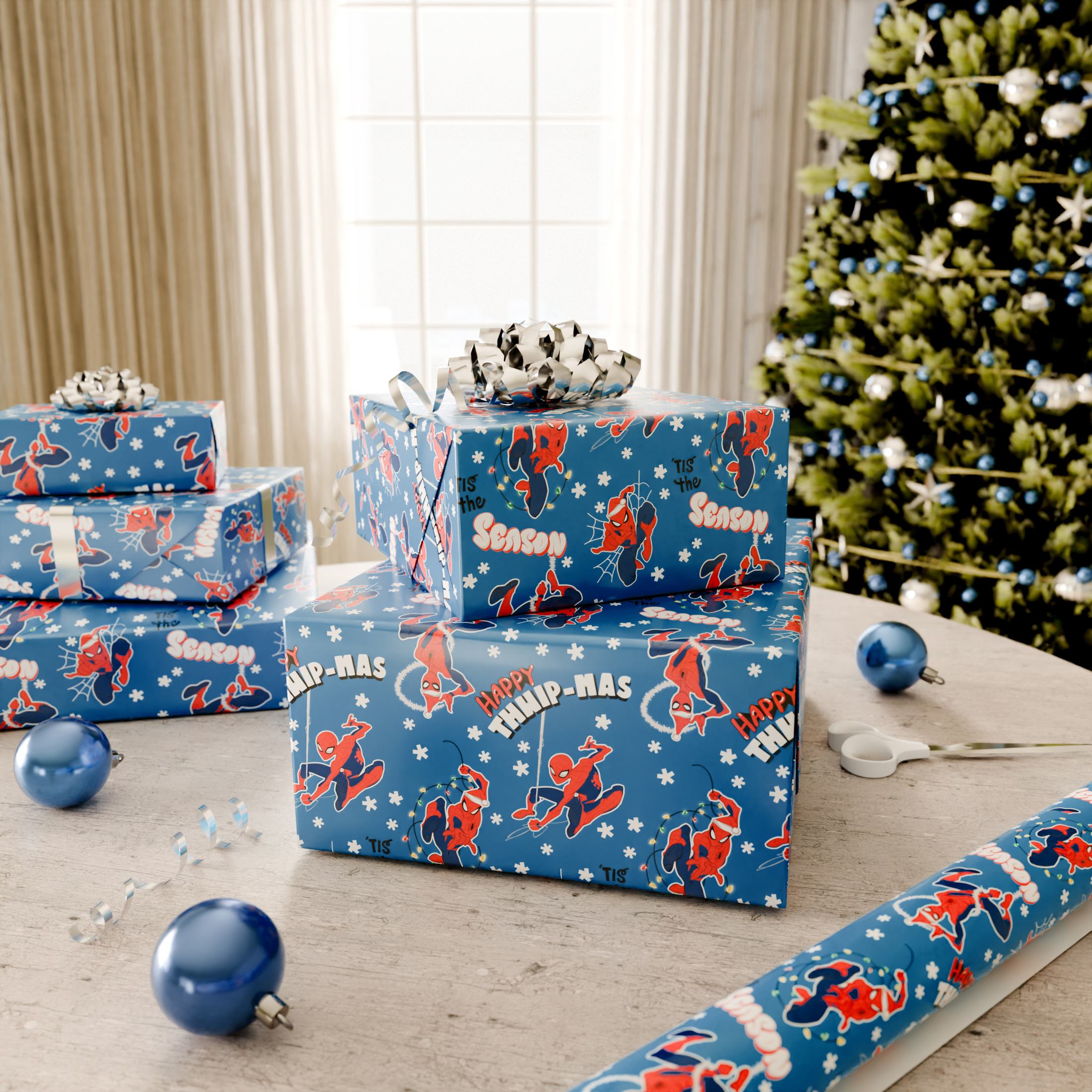 Plus Mark 40 in. Spiderman Blue Christmas Wrapping Paper with Cutlines, Tis the Season (60 Sq. ft., 1-Roll)