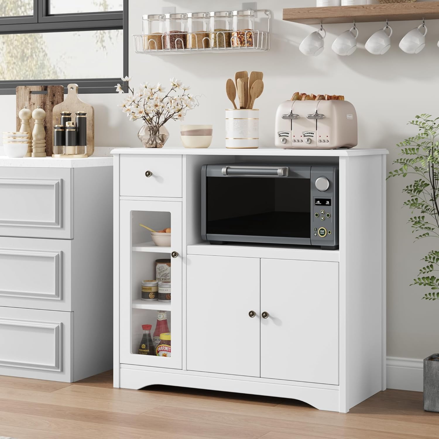 Storage Cabinet with 3 Doors and 1 Drawer, Buffet Cabinet Sideboard with Adjustable Shelves, Microwave Stand Cabinet for Kitchen, Dining Room, White