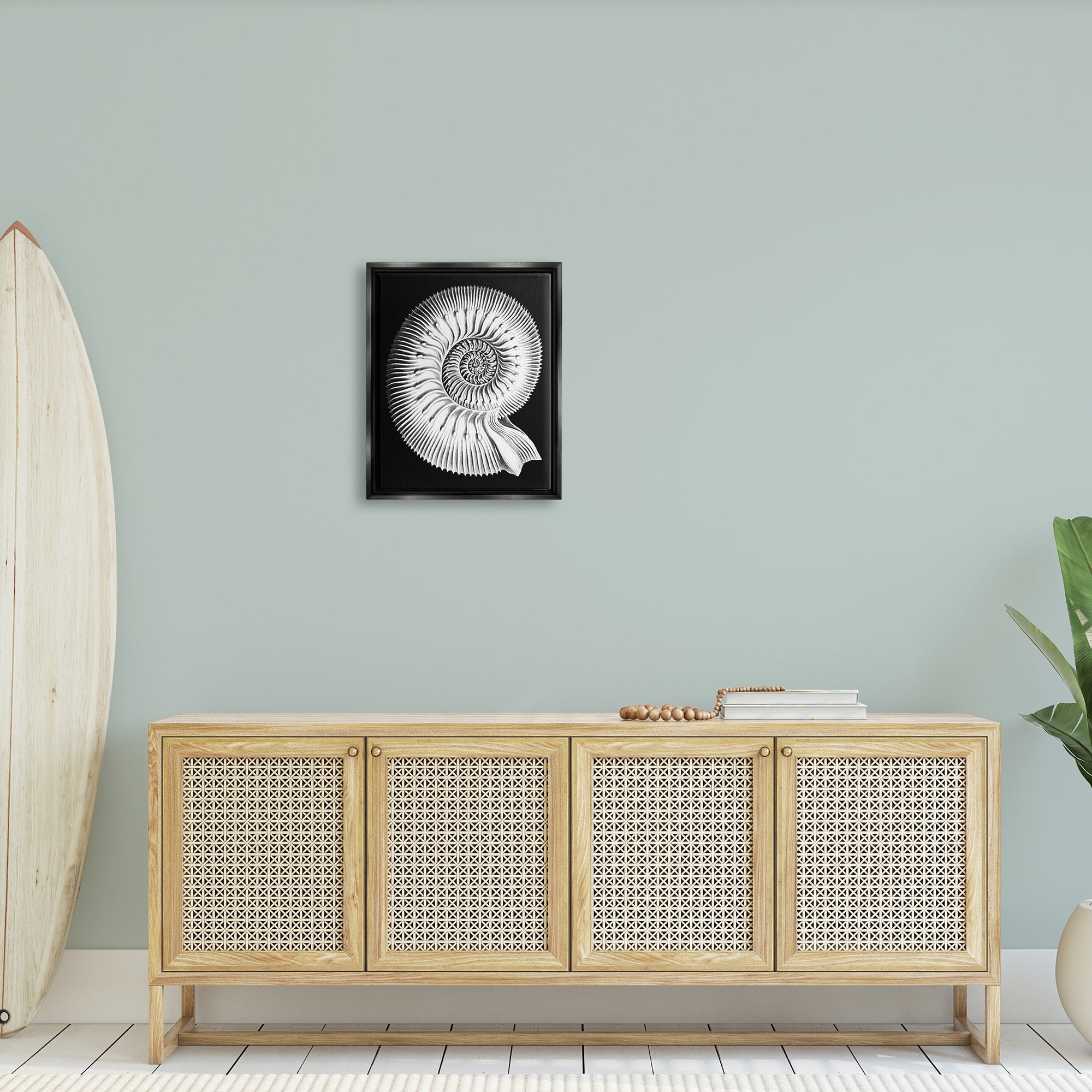 Stupell Industries Spiral Sea Life Beach Shell Modern Fractal Graphic Art Jet Black Floating Framed Canvas Print Wall Art, Design by Graffitee Studios