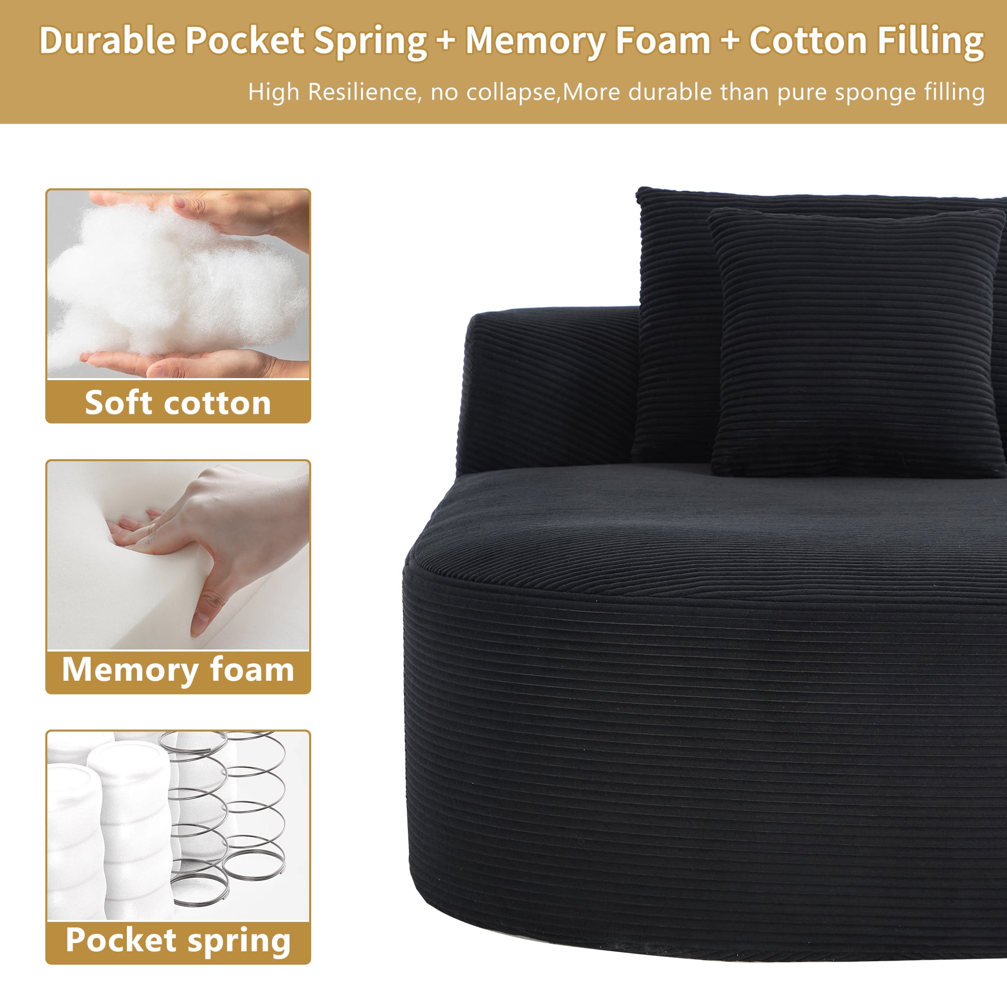 Sleeper Sofa, Chaise Lounge Chair, Oversized Convertible Sofa Bed with Deep Plush Corduroy Seat, No Assembly Required, for Living Room Lounging, Black
