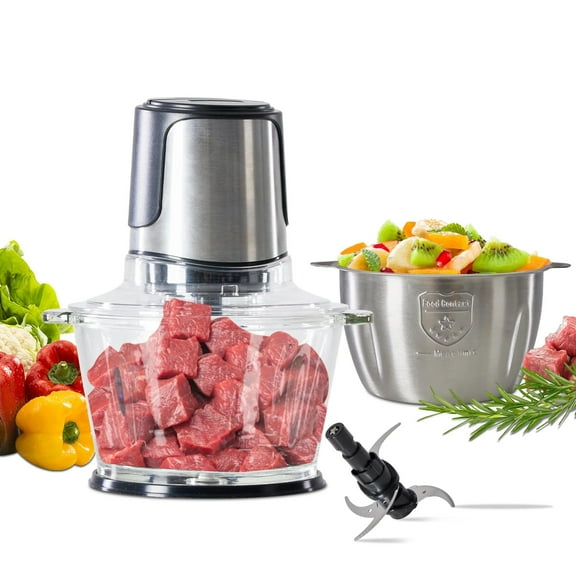 Airdown 8 Cup Food Processor, Electric Food Chopper with Meat Grinder & Vegetable Chopper, 450W Motor, 2-Bowl, 4 Blades for Fruits/Meat/Nuts, Silver
