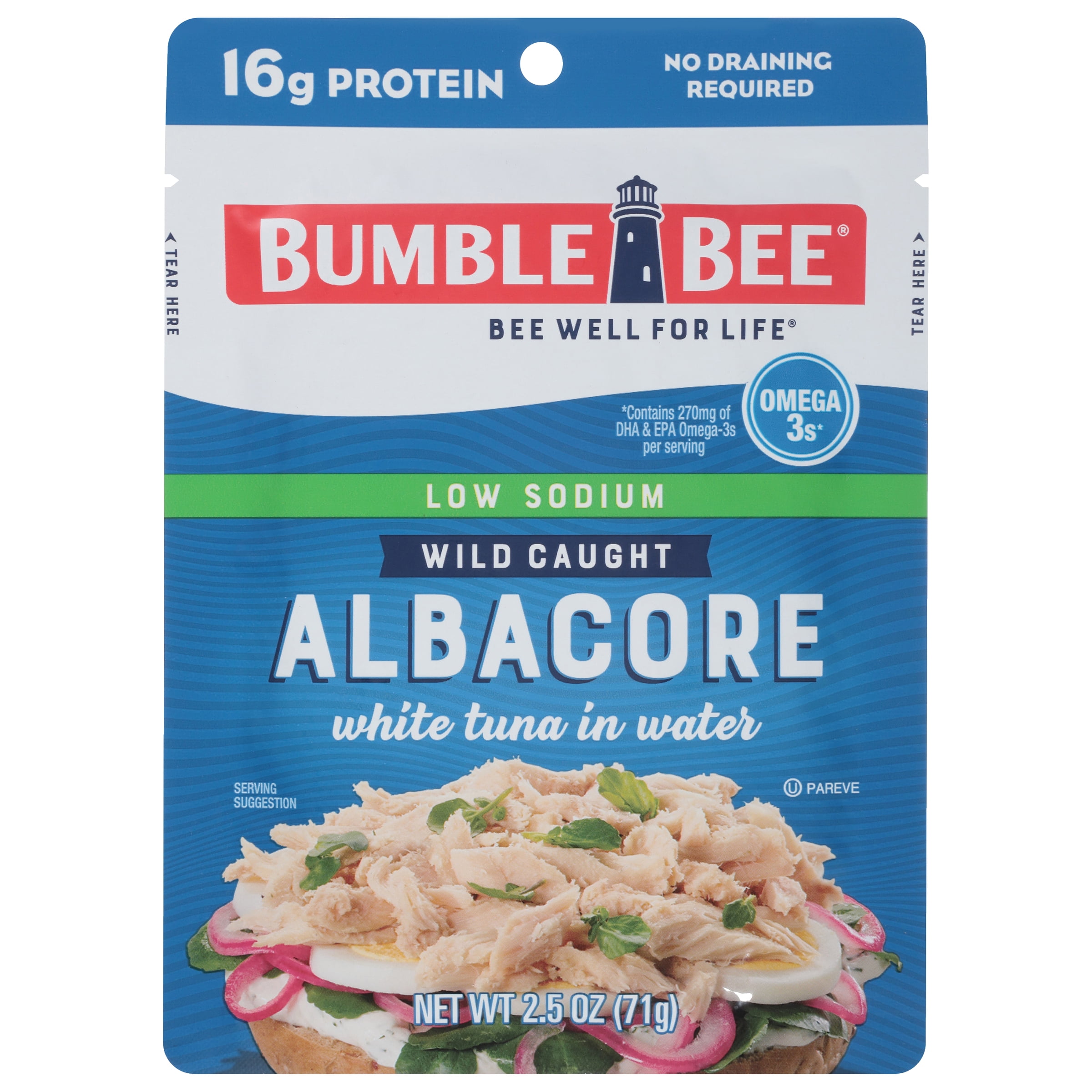 (12 pack) Bumble Bee Low Sodium Chunk White Albacore Tuna in Water, Wild Caught, Gluten Free, 16g Protein per Serving, Shelf Stable Pouch, 2.5 oz