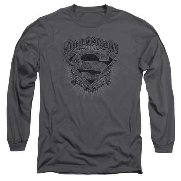 Superman Scrolling Shield Long Sleeve Adult 18/1 T-Shirt Charcoal