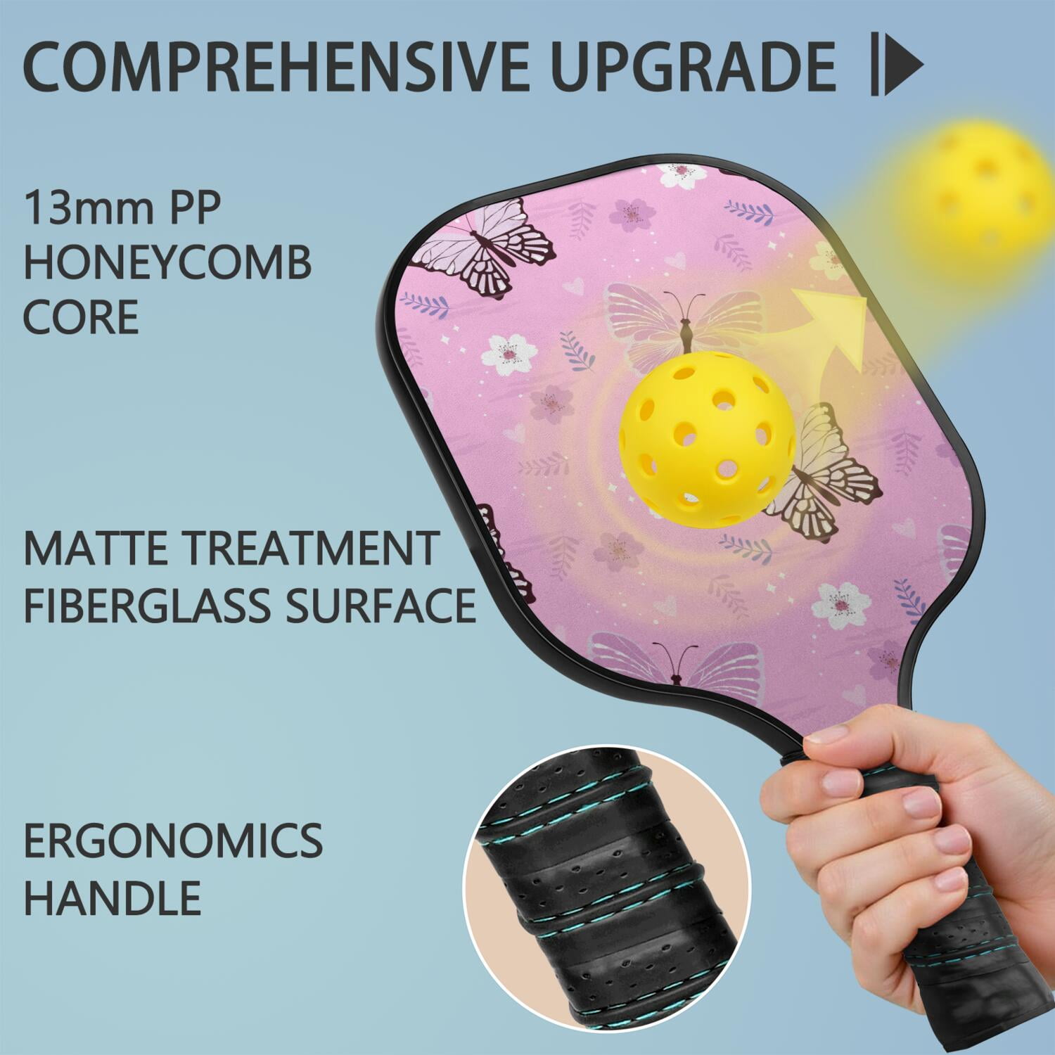Pickleball Paddles Set Of 2, Fiberglass Surface, Vintage Floral & Butterfly, 4 Balls & Bag