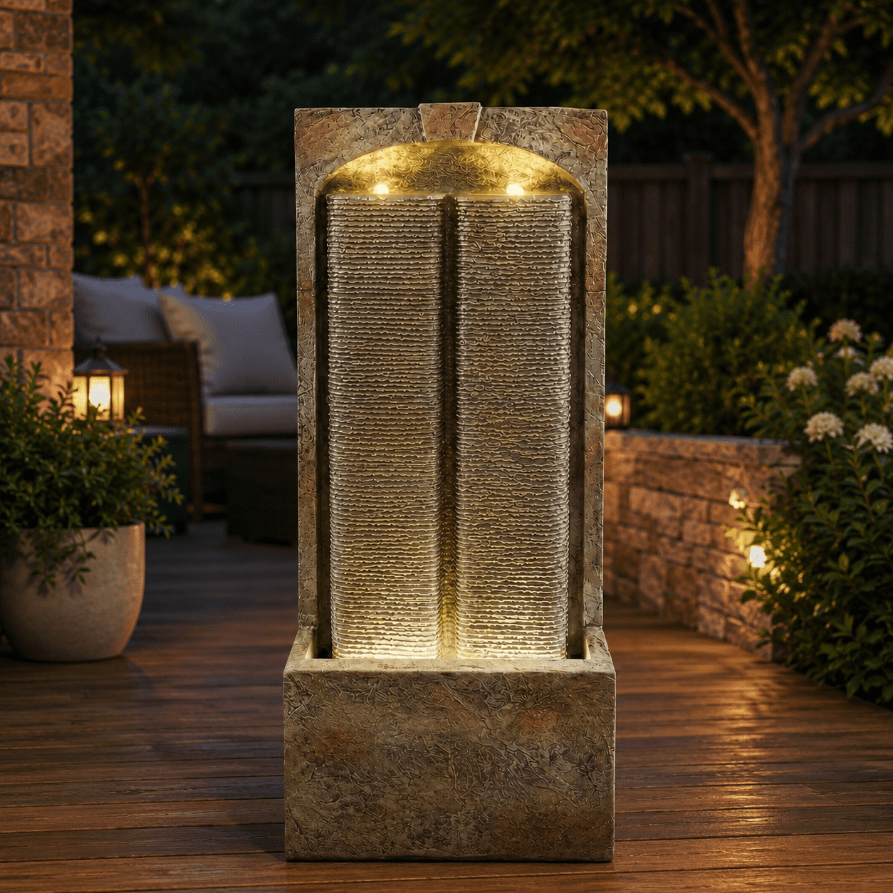 Aukfa 39" Outdoor Water Fountain with LED Lights, Slate Style Resin Water Wall Feature for Patio Garden Backyard,Brown