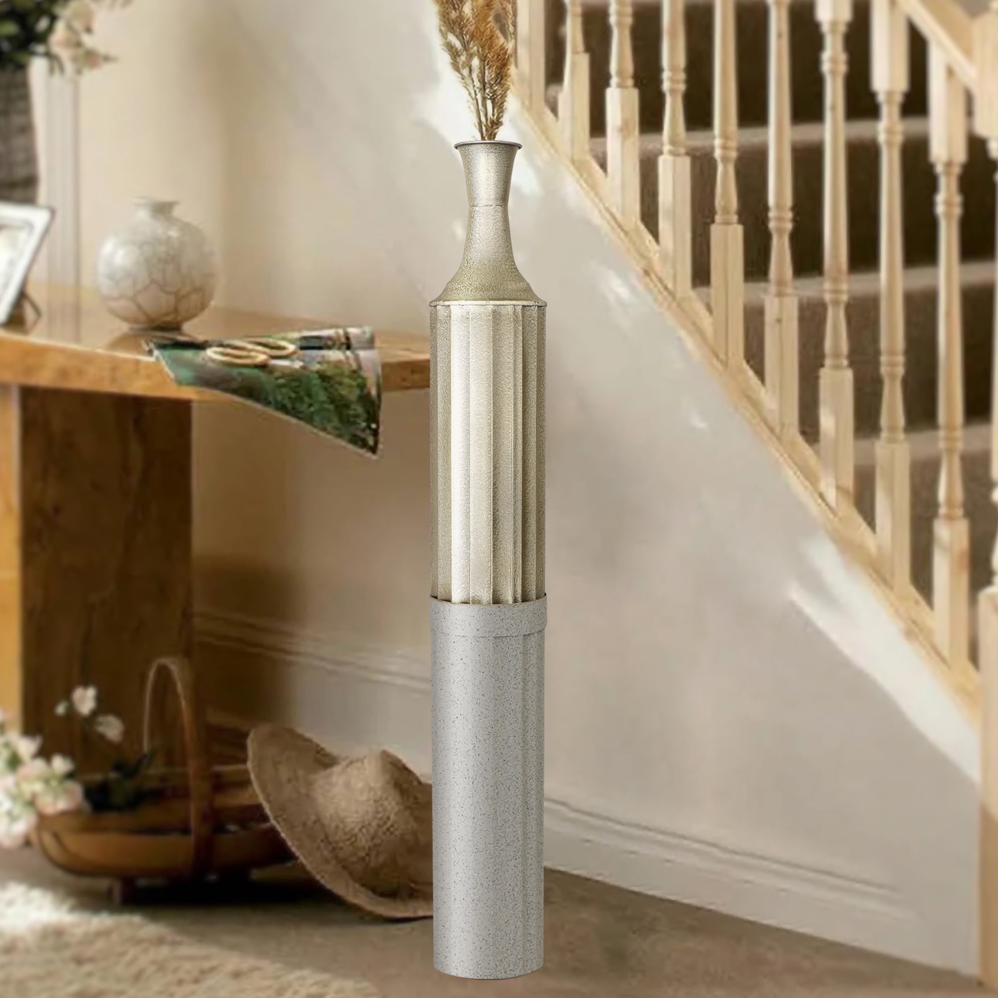Grand Vase De Sol Blanc Nervuré – Déco Moderne Et élégante – Hauteur 48 Cm
