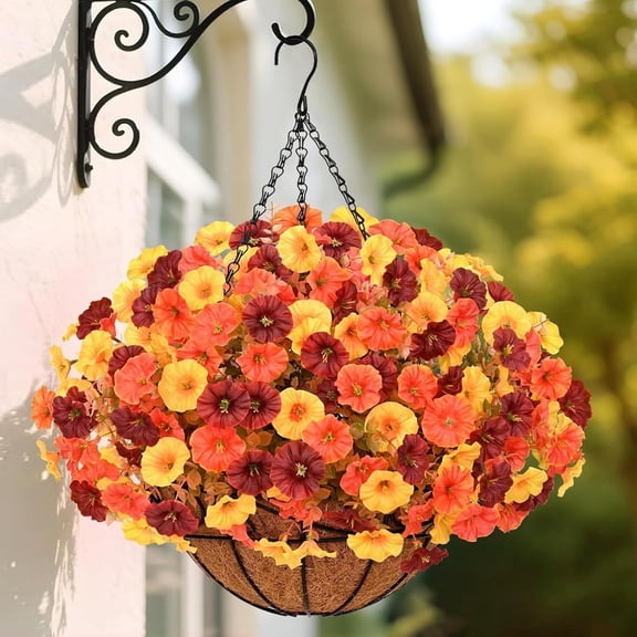 Lyacmy Fall Artificial Hanging Flowers with Basket for Outdoor, Fake Mums Boxwood Colorful Petunias with with 20Inch Coconut Lining Chain Flowerpot