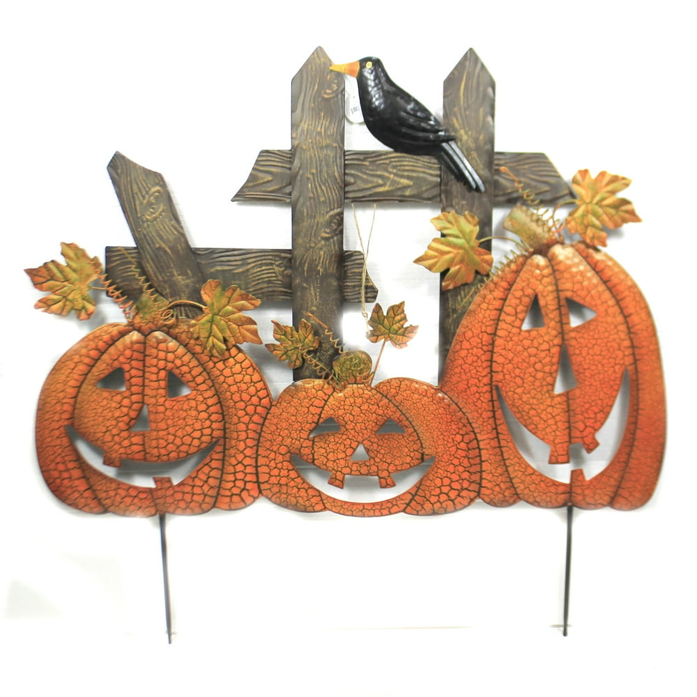 Home & Garden 3 Pumpkins On Fence Stake Metal Crow Indoor Outdoor