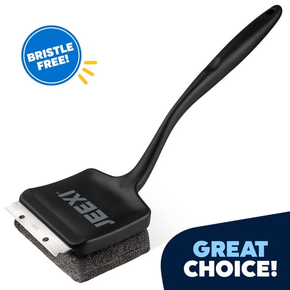 JEEXI Bristle-Free Grill Brush and Scraper, Steam Cleaning BBQ Grill Cleaner with Replaceable Steel Mesh Pad, Stainless Steel Scraper and Long Handle for Outdoor Grill Grates, Black