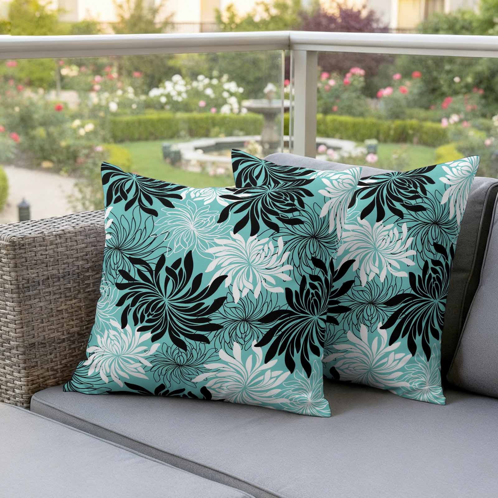Teal Black Flowers Outdoor Waterproof Throw Pillow Covers 18x18 Set of 2, Modern Abstract Blooms Floral Decorative Pillowcases Cushion Pillowcase for Couch Sofa Patio Outside Pillow Protector