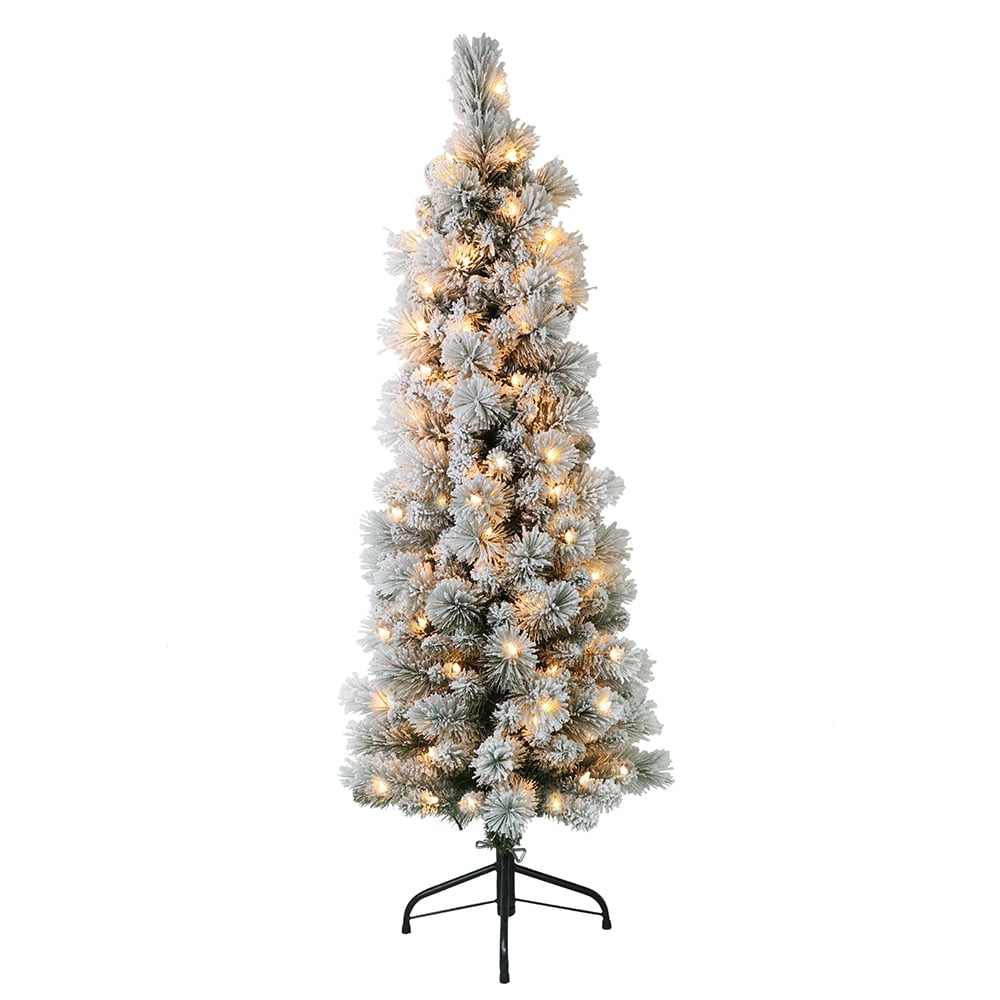 Puleo International 4.5 ft. PreLit Flocked Portland Pine Pencil Artificial Christmas Tree with