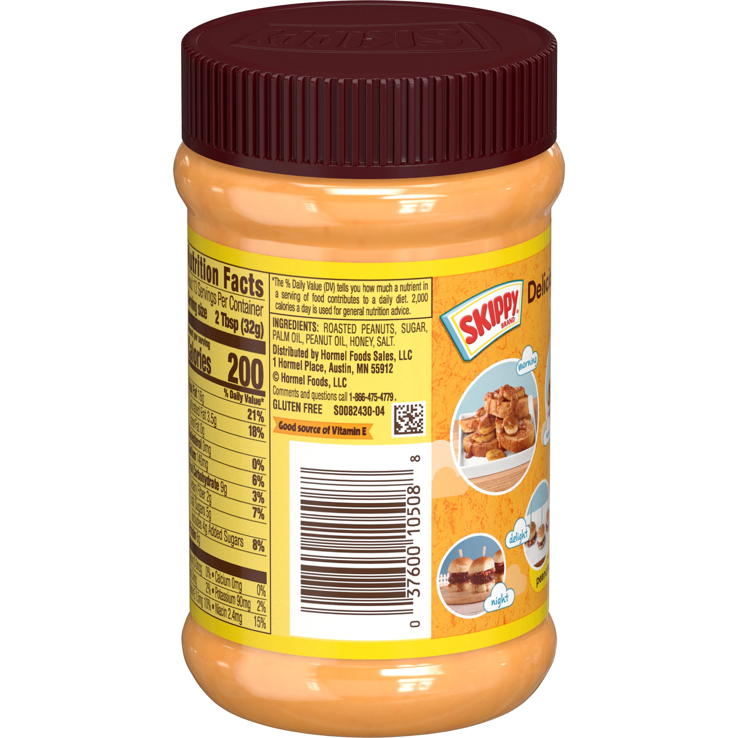 SKIPPY Natural Creamy Peanut Butter Spread with Honey, 6 G Protein per Serving, 15 oz Plastic Jar (Pack of 4)
