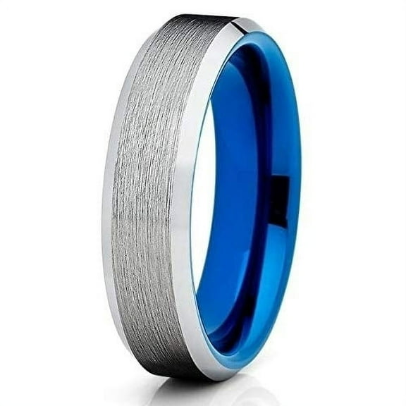 Silly Kings Jewelry 6mm Blue Tungsten Ring - Silver Brushed - Tungsten Wedding Band Beveled (11)