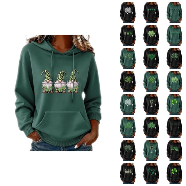 Chandails à Capuchon pour Femmes de la Saint-Patrick 2026 à Manches Longues avec Graphique de Trèfle et Poches