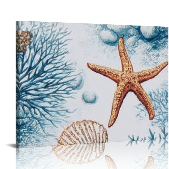 RKSupls Starfish Seashell Canvas Wall Art, Coastal Nautical Wall Decor Print, Modern Artwork for Living Room Bedroom Office Home Decor