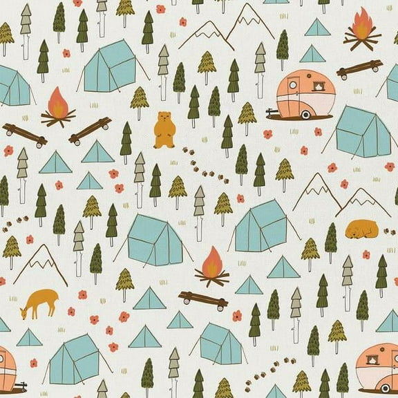 Camping Site vintage camping fabric, Paintbrush Studio camping cotton, Sold by the Quarter Yard