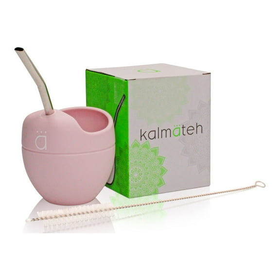 Kalmateh Silicone Mate Gourd and Bombilla (straw) with Cleansing Brush for Yerba Mate Drinking- BPA Free (Pastel Pink)