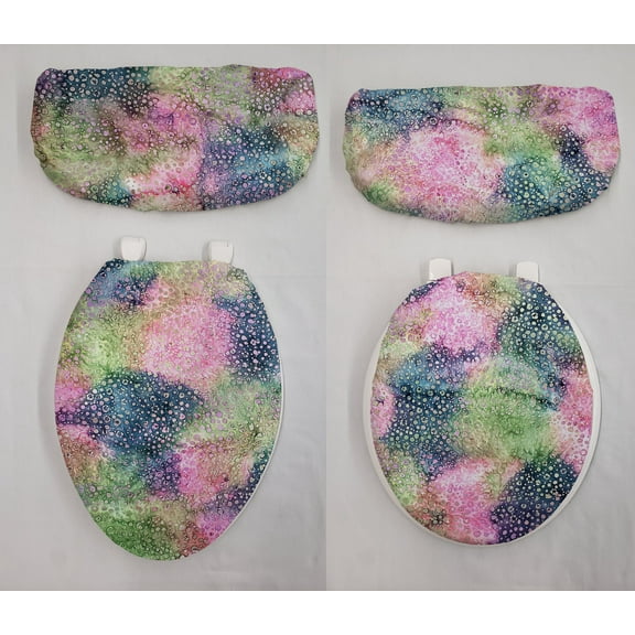 Batik Tie Dye Toilet Seat Lid and Tank Cover Set by Penny's Needful Things (Pink Blue Green Spots)