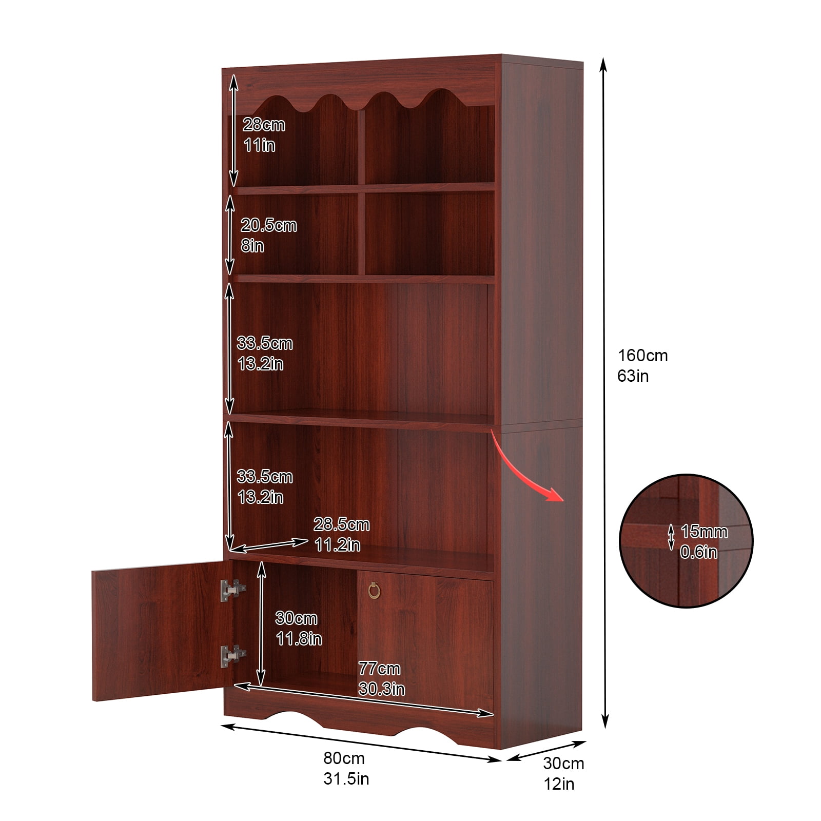 HOBLOC 5 Tier Bookshelf Bookcase with Cabinet Doors, 63 in Tall Wooden Bookshelves, Display Storage Shelves, Floor Standing Book Shelf Furniture for Home Office, Living Room, Bedroom, Brown