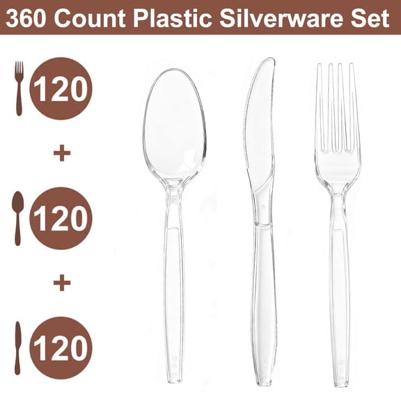 360 Count Disposable Cutlery Set, Heavy Duty Plastic Silverware Set , 120 Forks, 120 Spoons, 120 Knives, Heat Resistant & BPA Free Disposable Silverware, Clear Utensils for Party Everyday Use