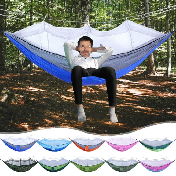 Msgweeeg Hammock Double Parachute Cloth Hammock Camping Mosquito Net Included Bug Proof Outdoor Portable Lightweight Backpacking Hammock with Mosquito Netting Travel Hiking Hanging Bed