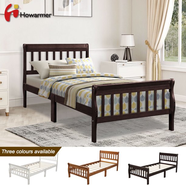 Howarmer Espresso Wooden Platform Twin Bed Frame, Sturdy No Box Spring