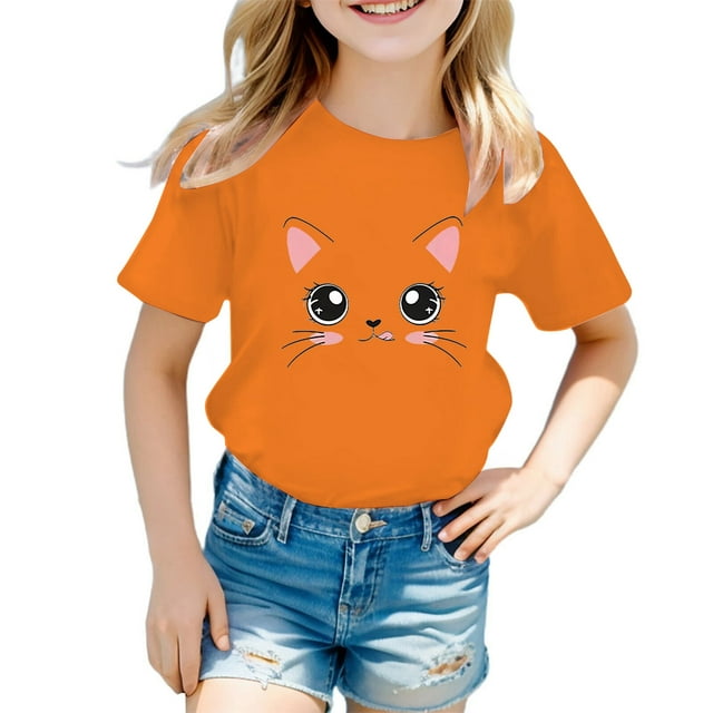 LUOGENLI T-Shirt pour Filles Enfant Filles Mignon Graphique Col Rond Manche Courte Tee Été Décontracté T-Shirt Maxi Hauts avec Fente Boho Orange 8-9 Ans