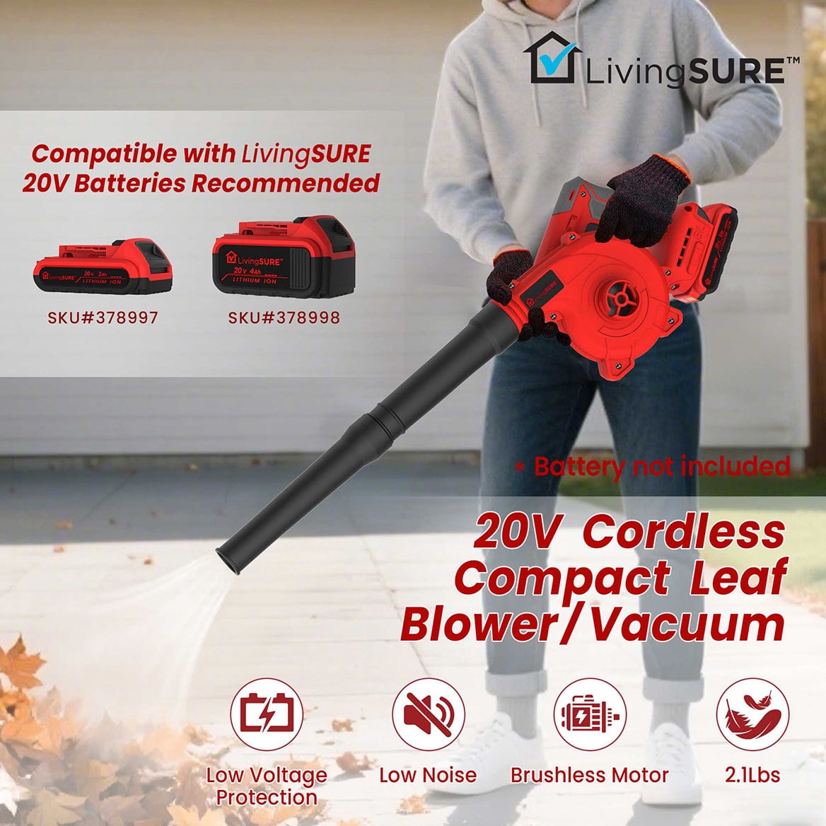 Cordless Compact Leaf Blower Vacuum by LivingSURETM Lightweight Electric Handheld Blower for Lawn and Leaf Care, Patio Cleaning, Dust Cleaner - Battery Not Included