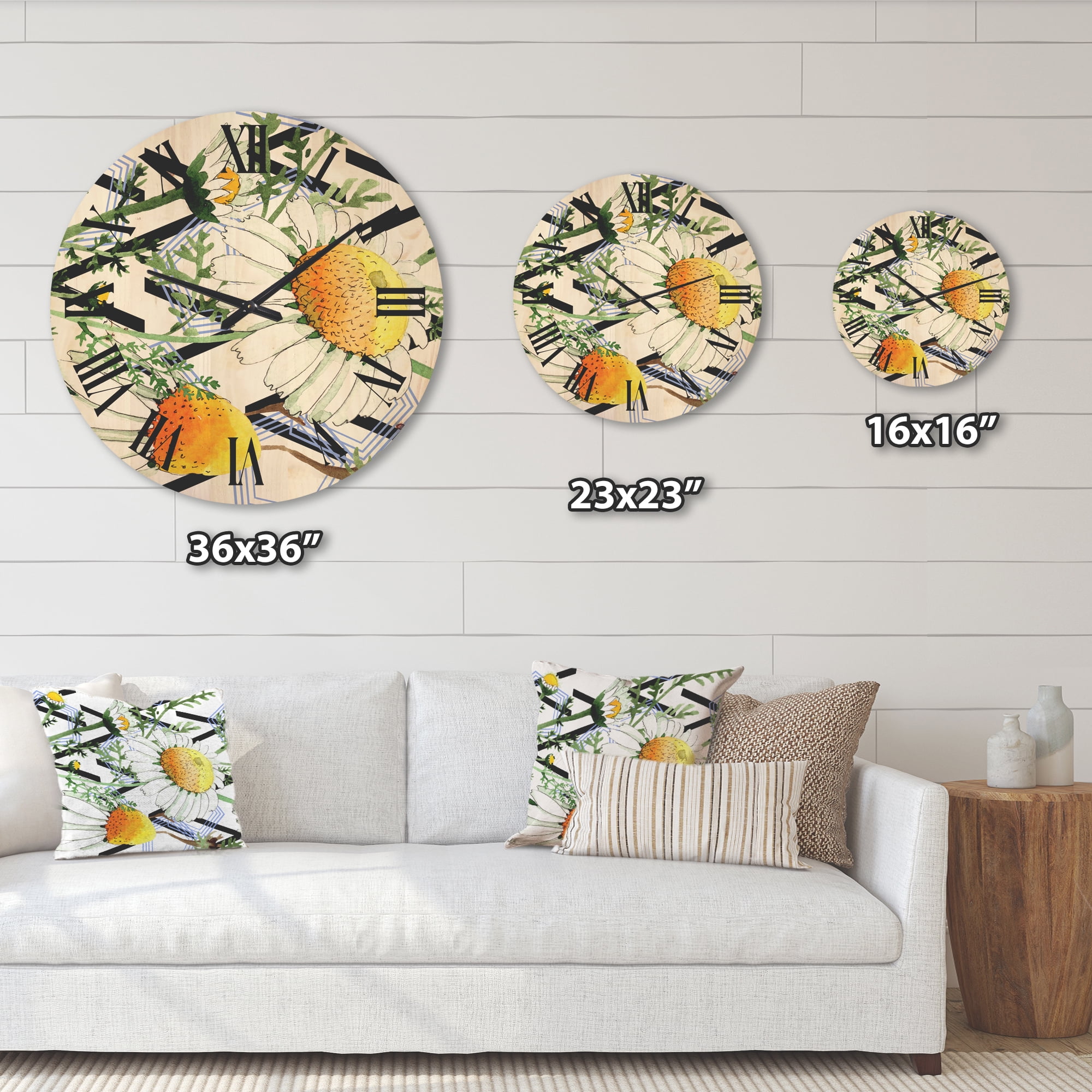 Designart 'Wild Spring Chamomile Flowers On Geometric Lines' Traditional Wood Wall Clock