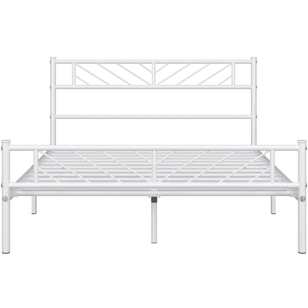 Fullfurnique Minimalist Metal Platform Bed with Arrow Design Headboard for Adult, Queen, White
