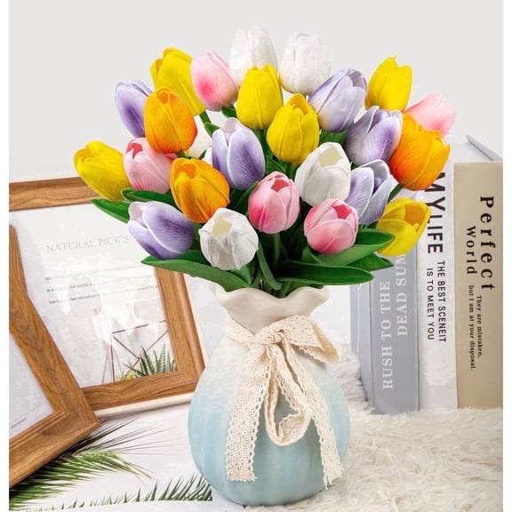 Scidweet 20 Pcs Artificial Flowers Fake Tulip, Faux Tulip Flowers for Spring Summer Indoor Table Wedding Home Decorations Gift, Colorful
