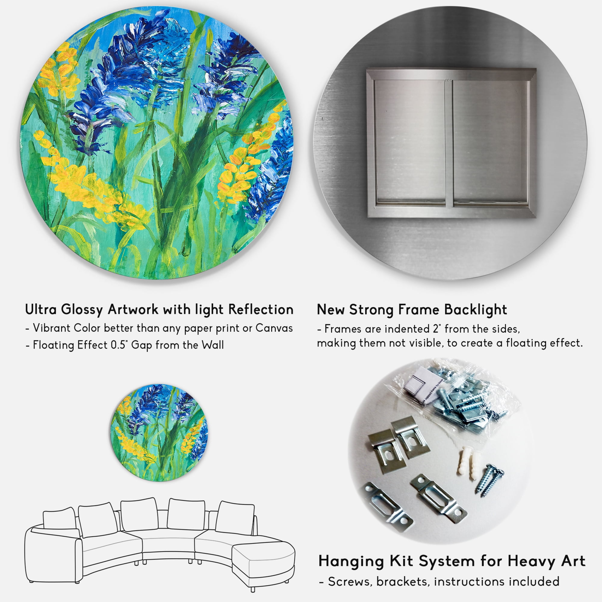 Designart 'Yellow and Blue Wild Flowers and Grass Gouache' Traditional Circle Metal Wall Art 29x29 - Disc of 29