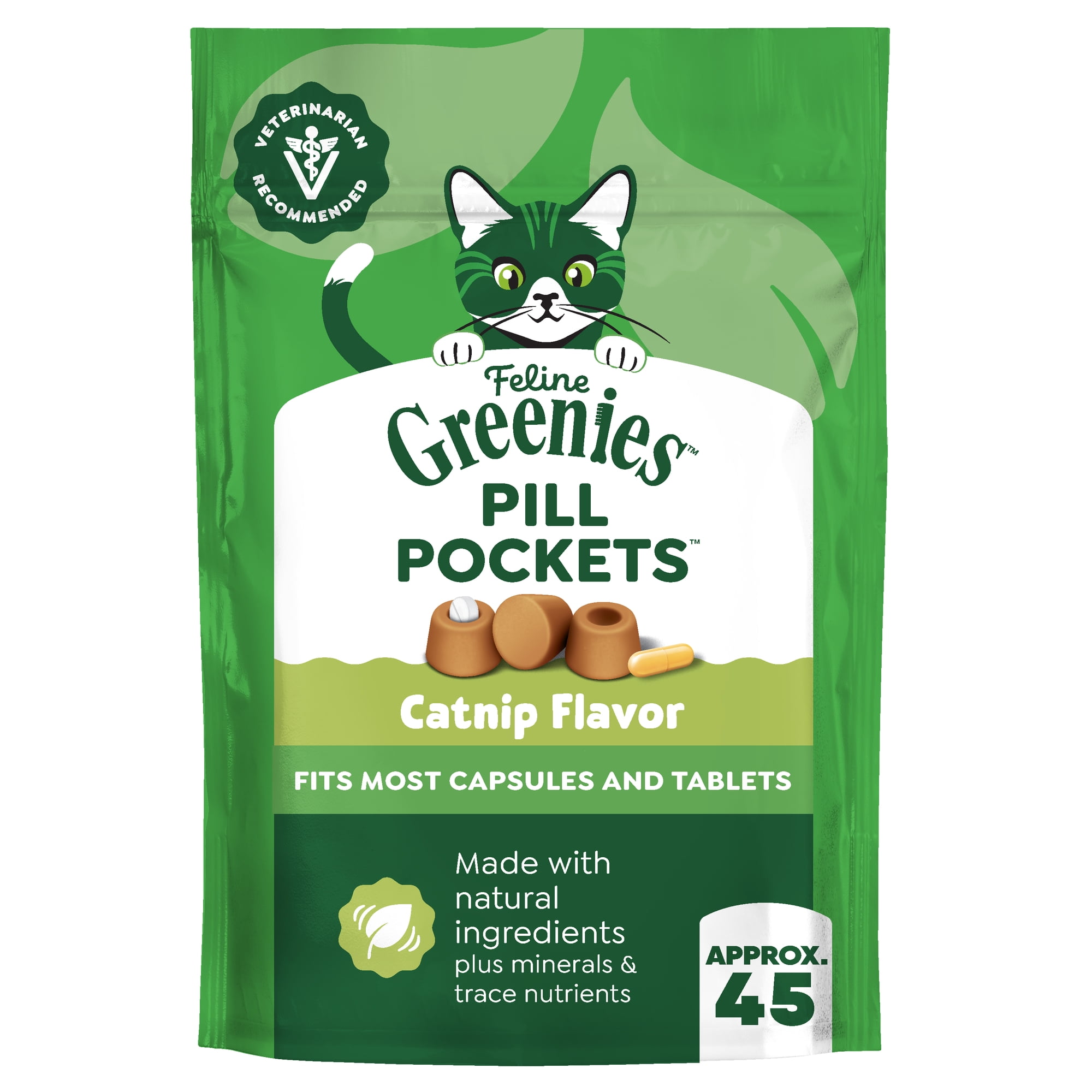 Feline Greenies Pill Pockets For Cats Natural Soft Cat Treats, Catnip Flavor, 1.6 Oz Pack (45 Treats)