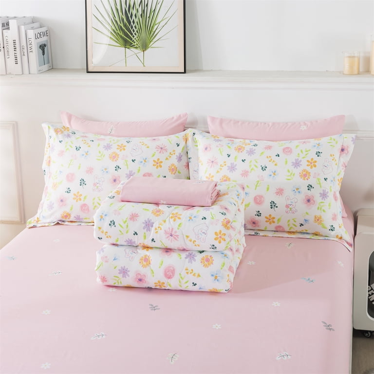 Pink Floral Bedding Set Twin Size - Botanical Flower Comforter With Pillow Sham, 2-Piece Quilt Set