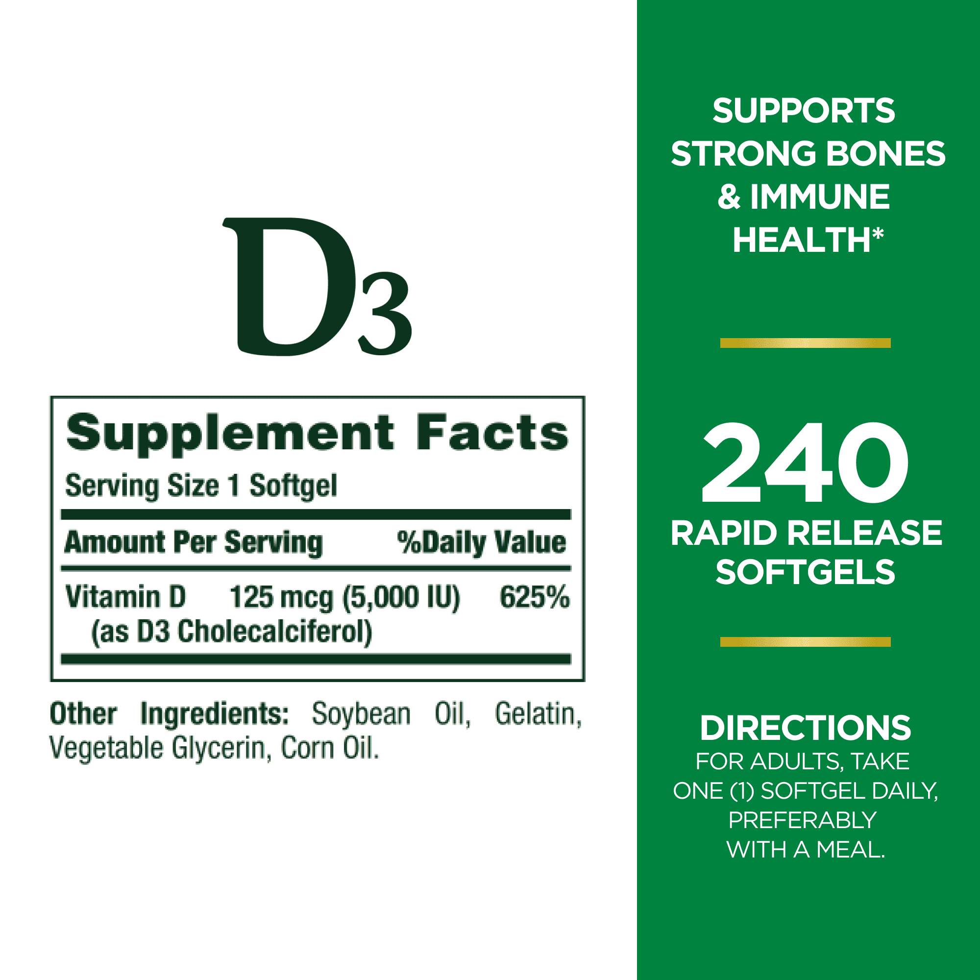 Nature’s Bounty Vitamin D3 5000 IU Softgels for Bone & Immune Support, Vitamin Supplement, 240 Ct