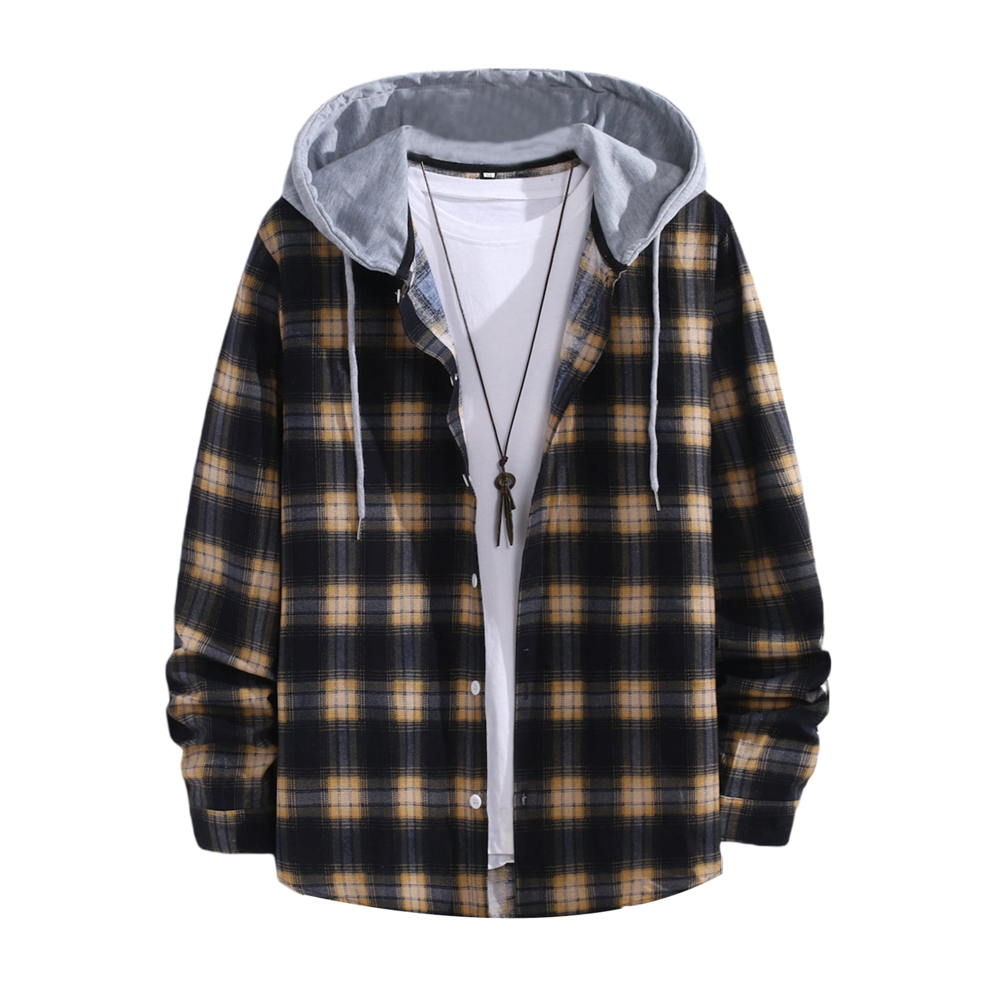 Men's Casual Plaid Hoodie Shirts, Button Closure Long Sleeve Color Block  Checkered Pattern Drawstring Casual Tops - Walmart.com