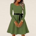 thumbnail image 3 of Women's Midi Dress Long Sleeve Crew Neck Solid Color Vintage Casual Belted Waist Dress for Spring Fall Everyday Wear,Green,XL, 3 of 6