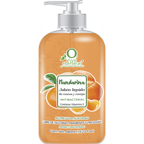 Jabón Líquido Antibacterial VivoNatural para Manos y Cuerpo aroma MANDARINA 480 ml