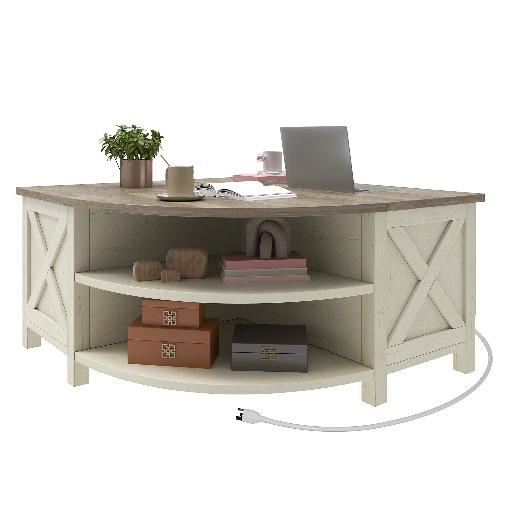 Uforic Farmhouse Lift Top Coffee Table with Storage & Power Outlets, Off-White