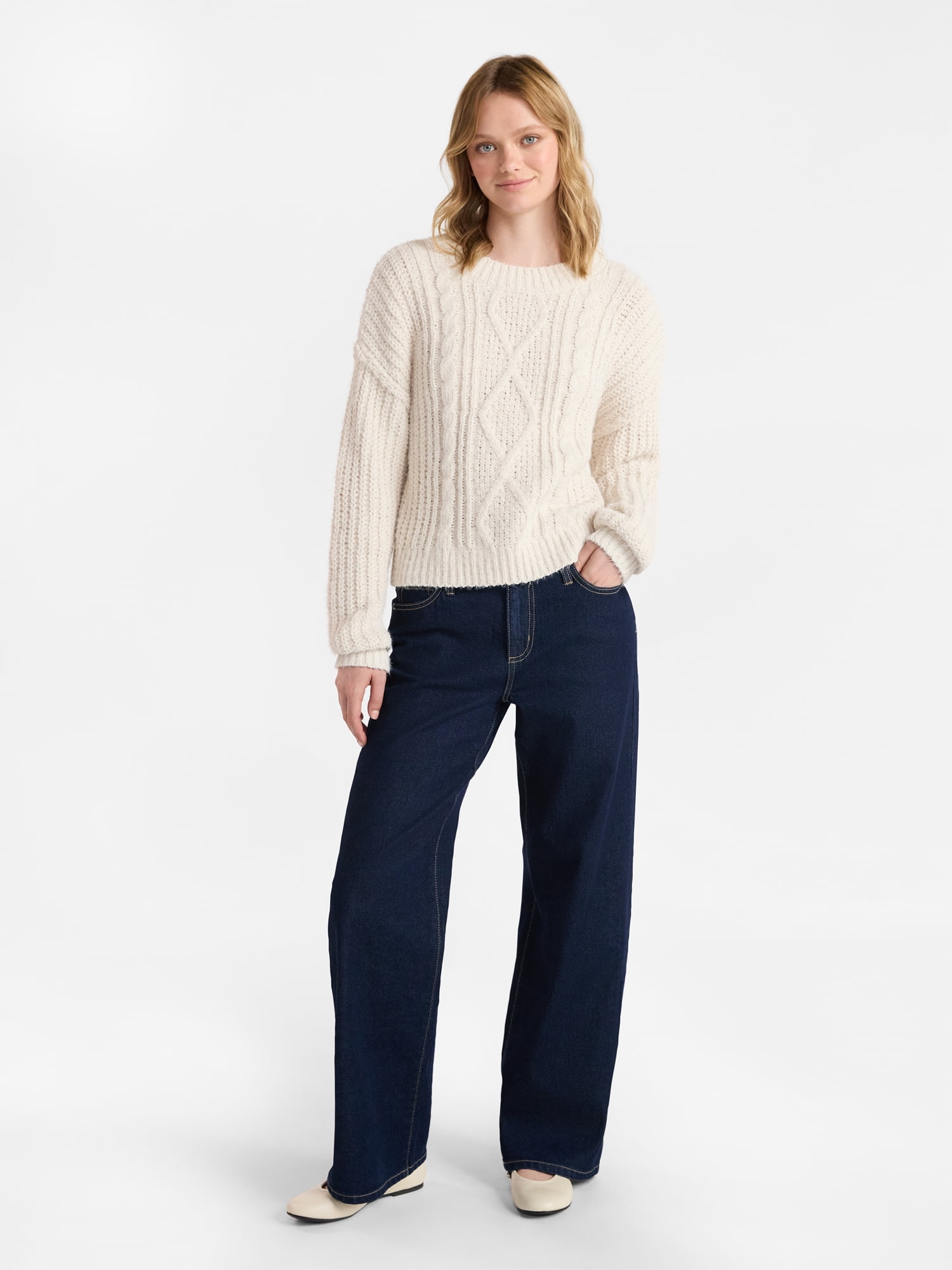 No Boundaries Cable Knit Sweater, Midweight, Women's
