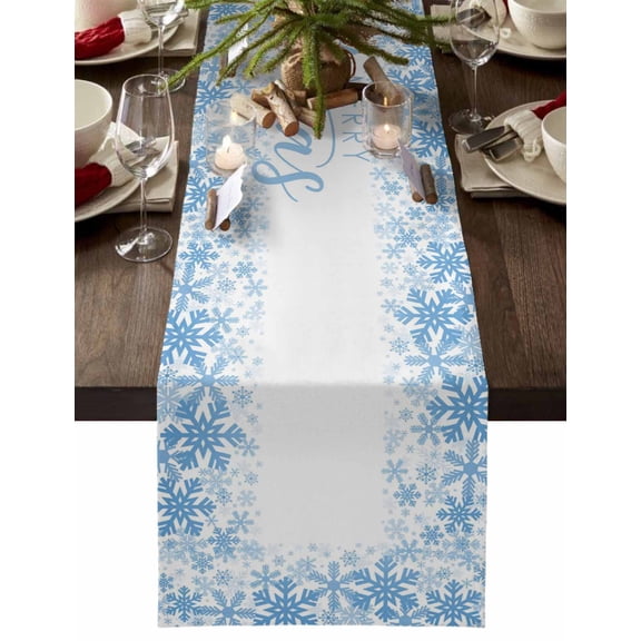 Table Runner Dresser Scarves 90 Inch Long,Watercolor Winter Light Blue Snowflakes Linen Dining Table Runners