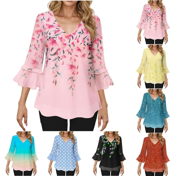 Horkkom Chiffon Blouses for Women V Neck Floral Print Ruffle 3/4 Length Sleeve Tops Casual Flowy Tunic Tops