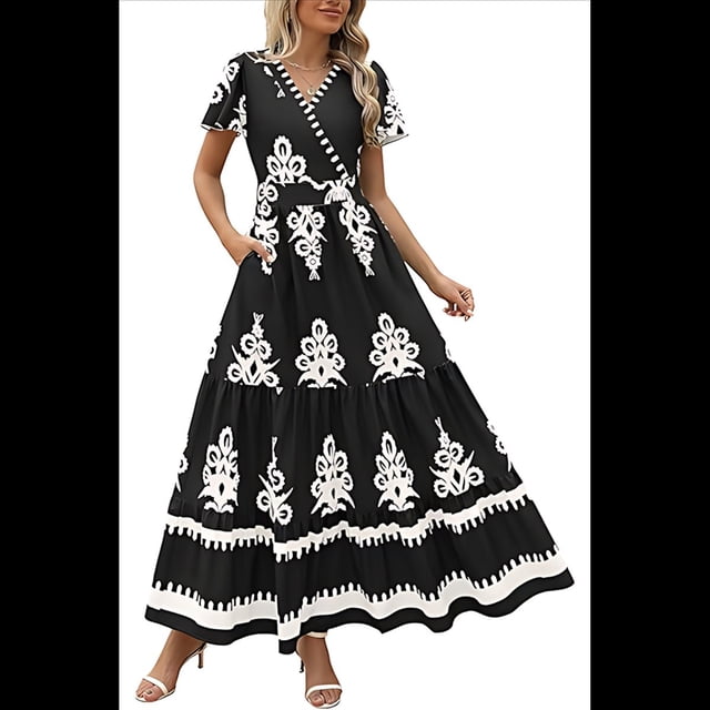 Vestido de Corta con Cuello en V, Estampado Floral, Bolsillos y Mangas Acampanadas, Negro, Talla XXL