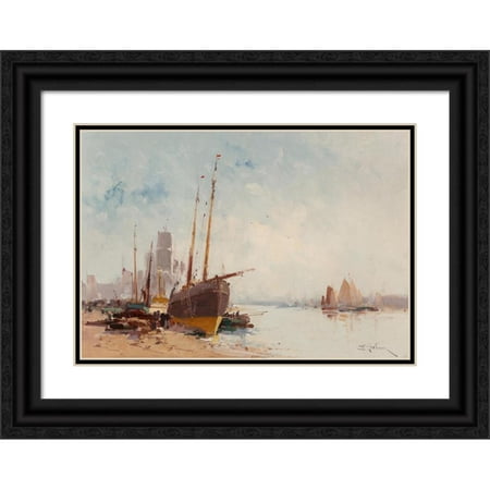 Eugène Galien-Laloue 18x14 Black Ornate Wood Framed Double Matted Museum Art Print Titled - Port Boats