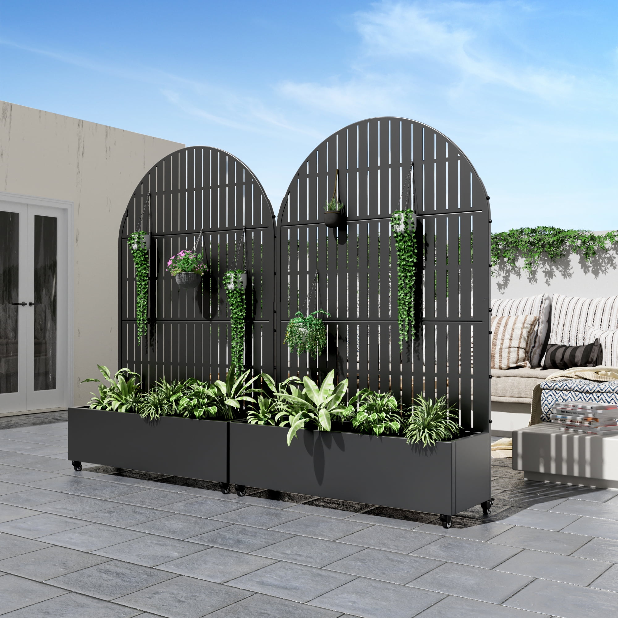 MAYEERTY 72"x47" Metal Flower Pots Arch Planter Box Elevated Garden Bed with Trellis for Vine Climbing Plants, Black