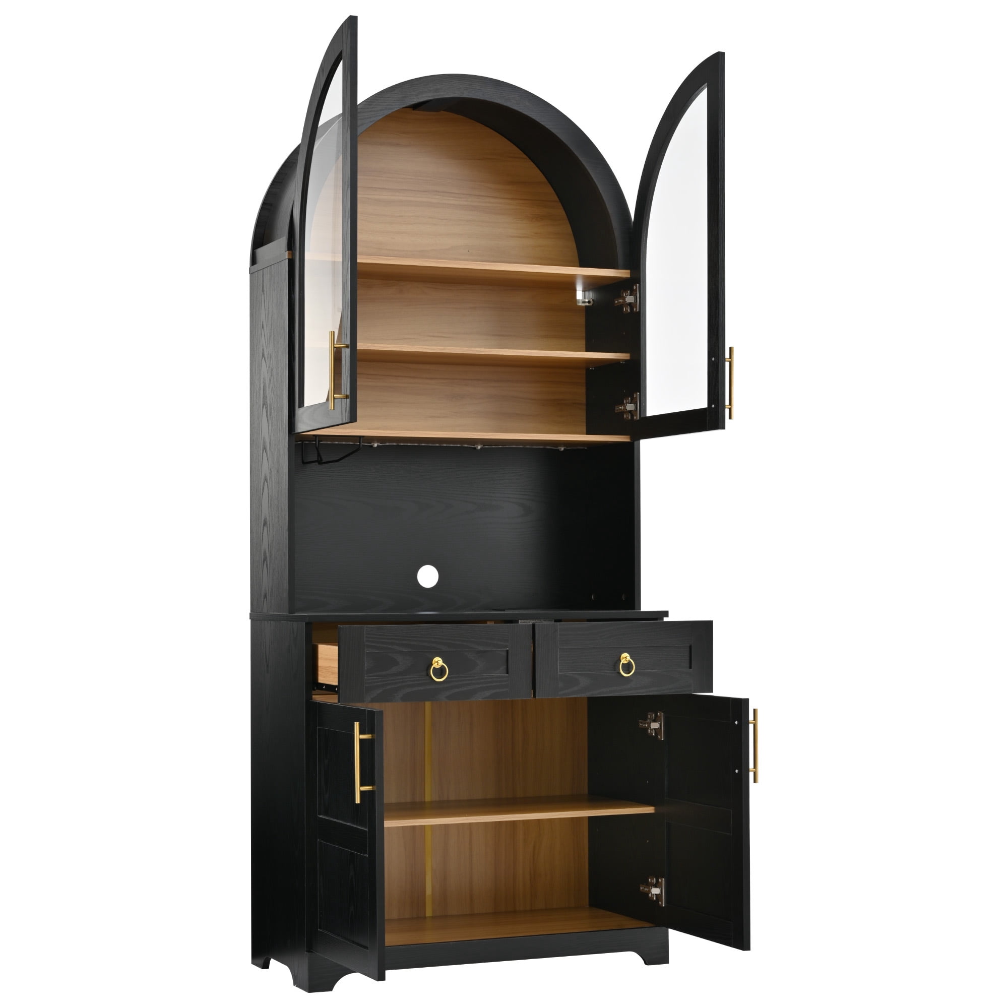 Euroco 74.8" Tall Arched Kitchen Pantry Cabinet,Farmhouse Arched Kitchen Storage Hutch with Glass Doors,2 Drawers,Adjustable Shelves,Power Outlet & LED Light,Freestanding Tall Cupboard,Black