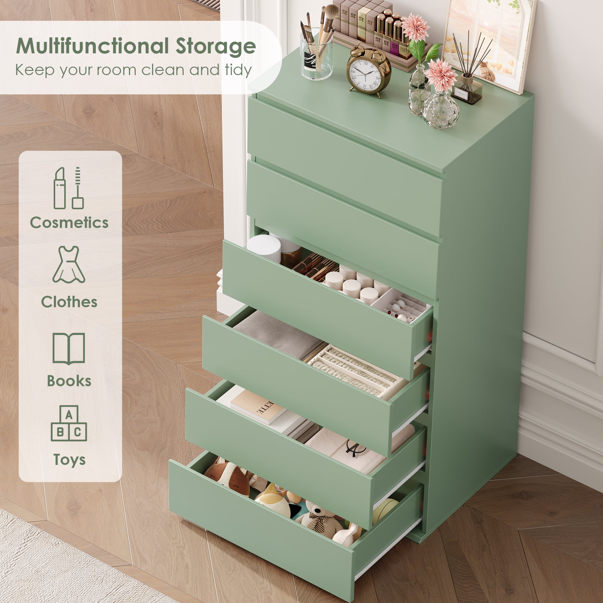 Homfa 6 Drawer Dresser, Modern Storage Cabinet for Bedroom,Tall Chest of Drawers for Living Room，Green