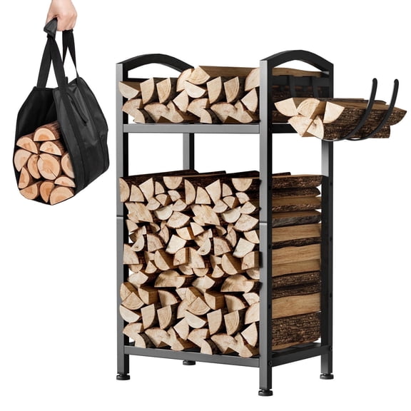 Enogets Firewood Rack with 2 Hooks and Carry Bag, Wood Storage Holder for Indoor & Outdoor Use